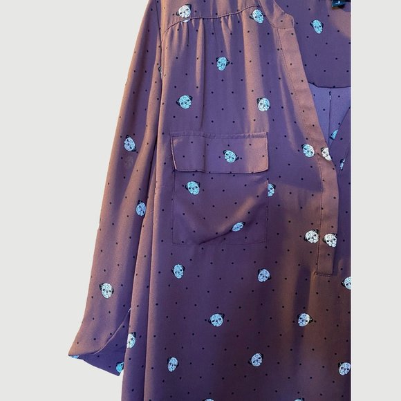 Torrid Purple Haper Blouse with Pug Dog Pattern 3/4 Sleeve V Neck Top - Picture 2 of 3